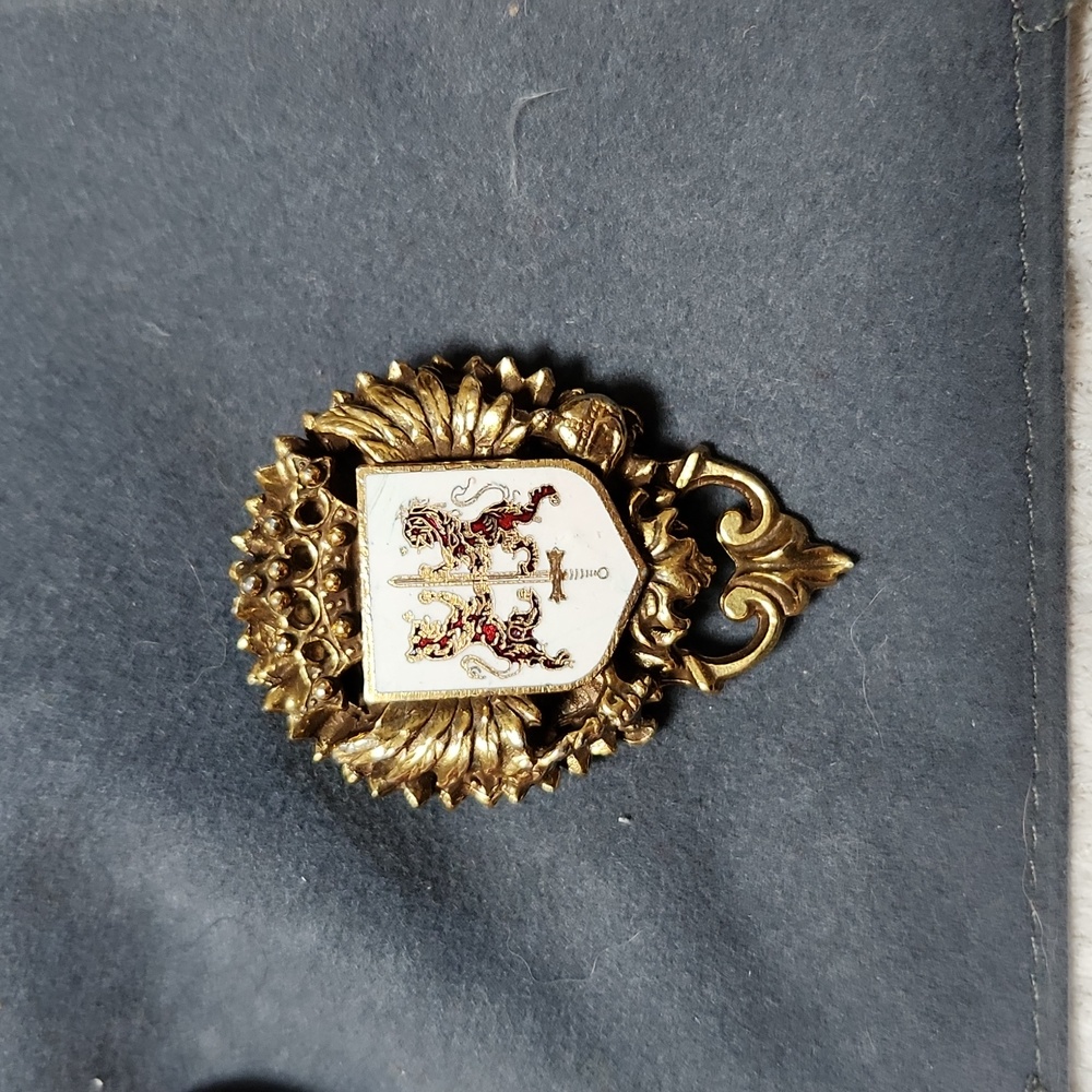 Vintage Heraldic Coat of Arms Standing Lions Laurels Fleur De Lis Brooch